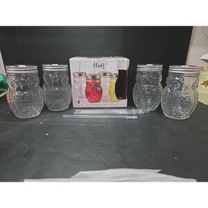 Circleware Hoot Owl Mason Jars, Set of 4, Clear Drinking Glasses, Animal Barware